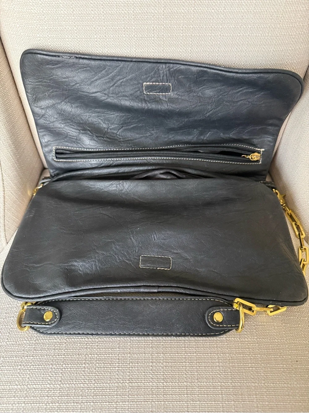 Tory Burch Reva Fold Over Clutch Black Leather Shoulder Bag Gold Logo